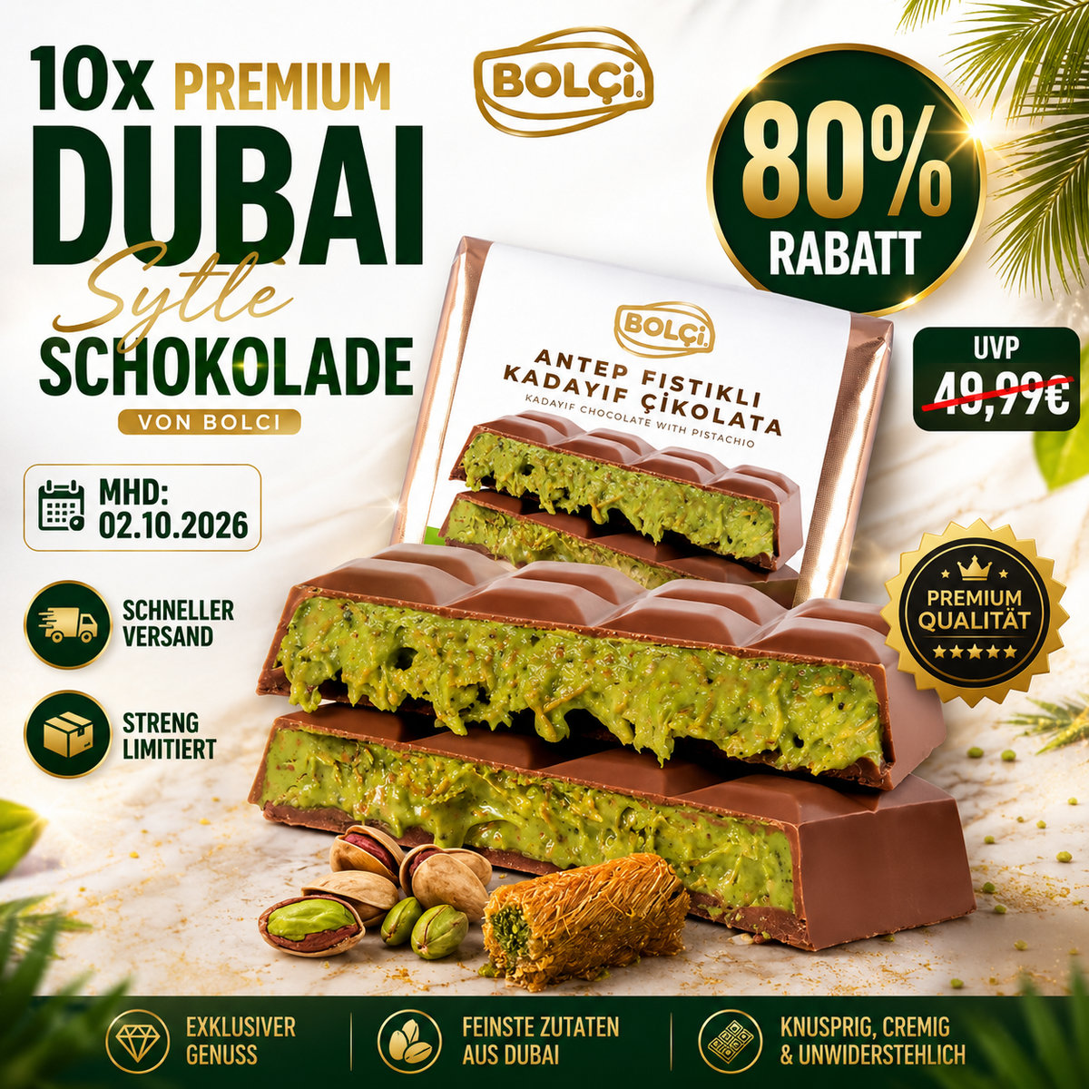 10x 65g Premium Dubai Style Schokolade Bolci Sparangebot ( Mhd 02.10.2026)