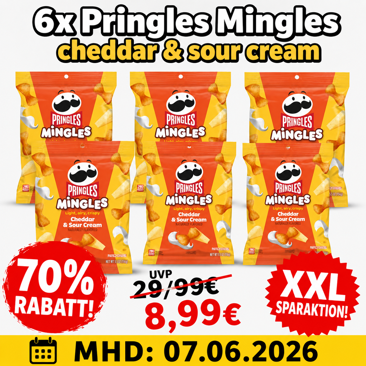 6x Pringles Mingles Cheddar& Sour Cream MHD 07.06.2026