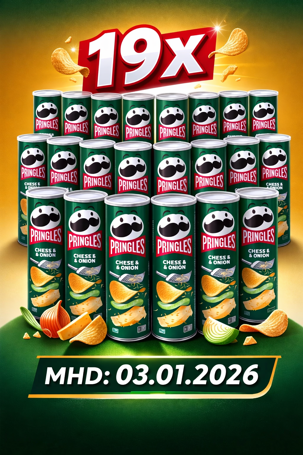 19 x Pringles Cheese & Onion 165 g MHD 03.01.2026