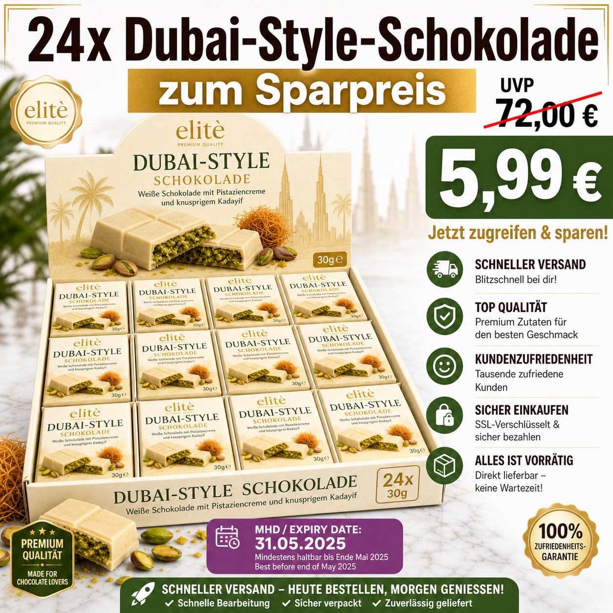 24x 30g Dubai Style Schokolade Weiß MHD Ende Mai 2026