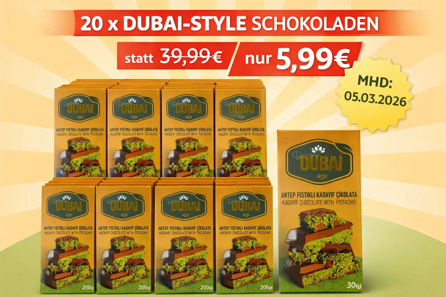 20x Dubai Style Schokolade 30gr MHD 05.03.2026