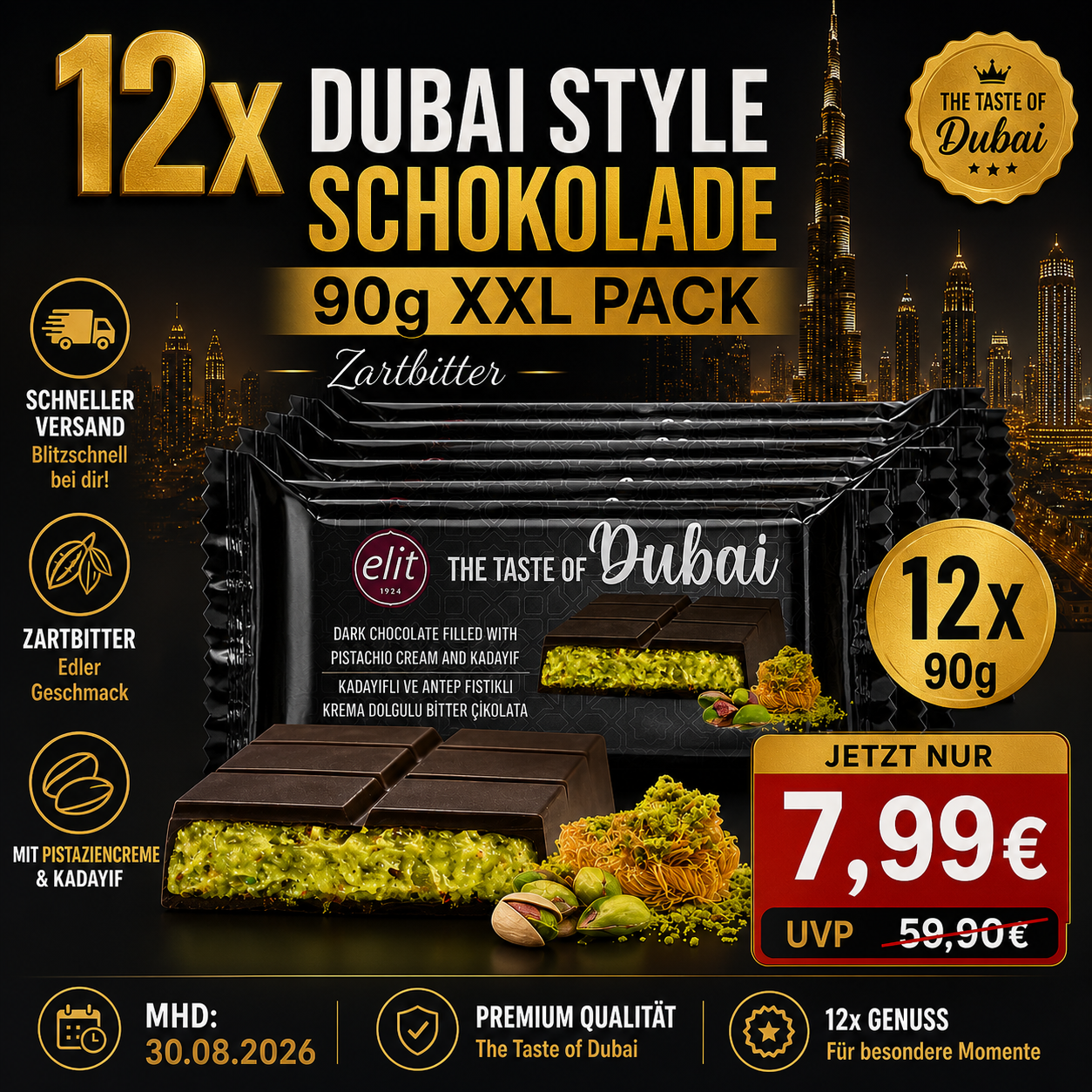 12x Dubai Style Schokolade Dark 90g (Mhd30.08.2026)