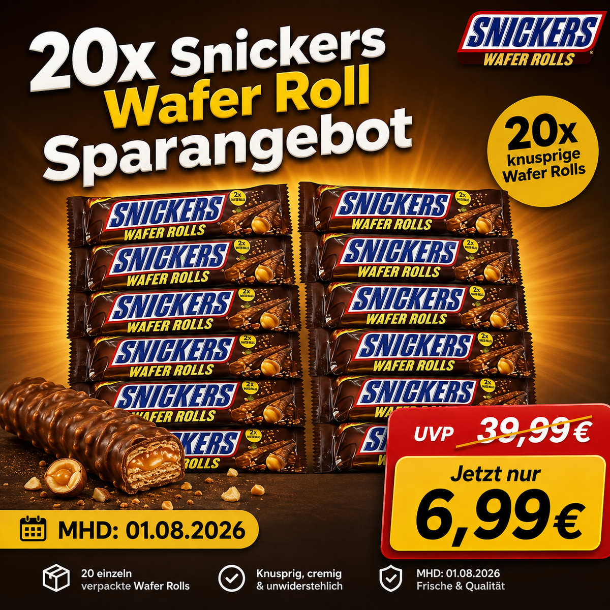 20x Snickers Wafer Roll Sparbundle MHD 01.08.2026
