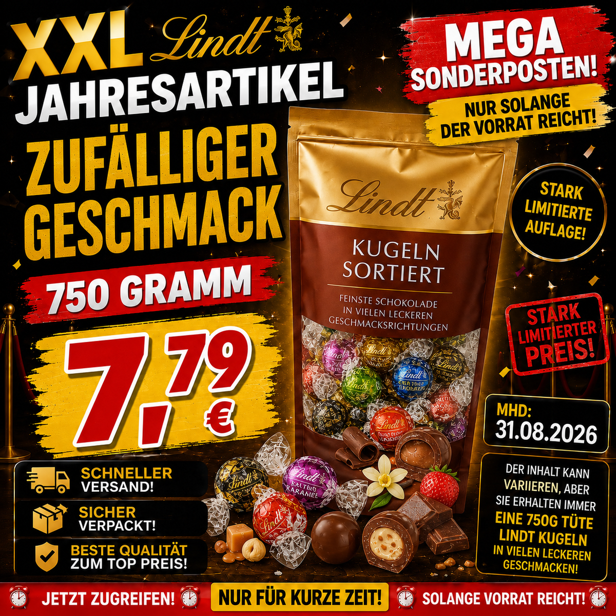 Lindt 750g Jahresartikel Angebot ( zufälliger Geschmack) Mhd31.08.2026