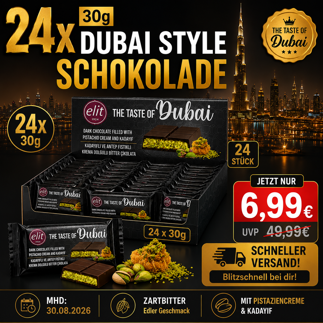 24x Dubai Schokolade Dark 30g (MHD 30.08.2026)